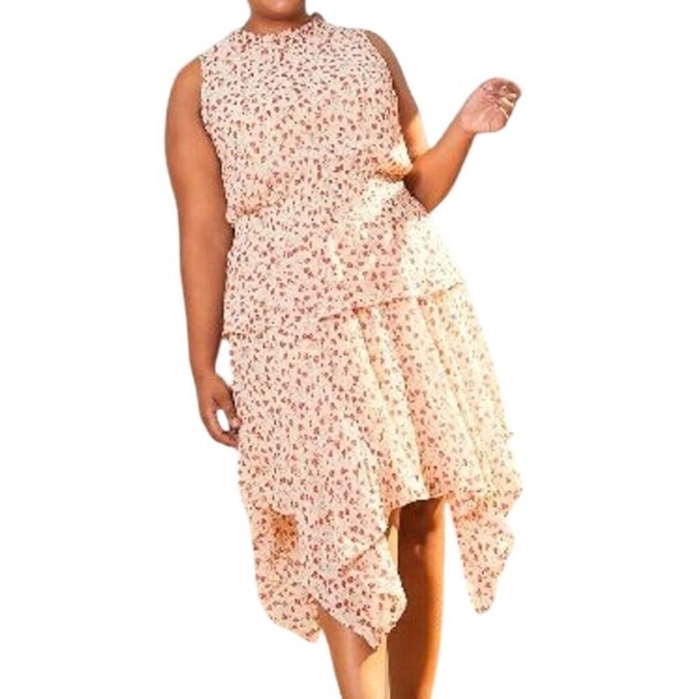 Pleione Midi Dress 2X Pink Floral Sleeveless Tiered Smocked Fairy Boho Whimsy
